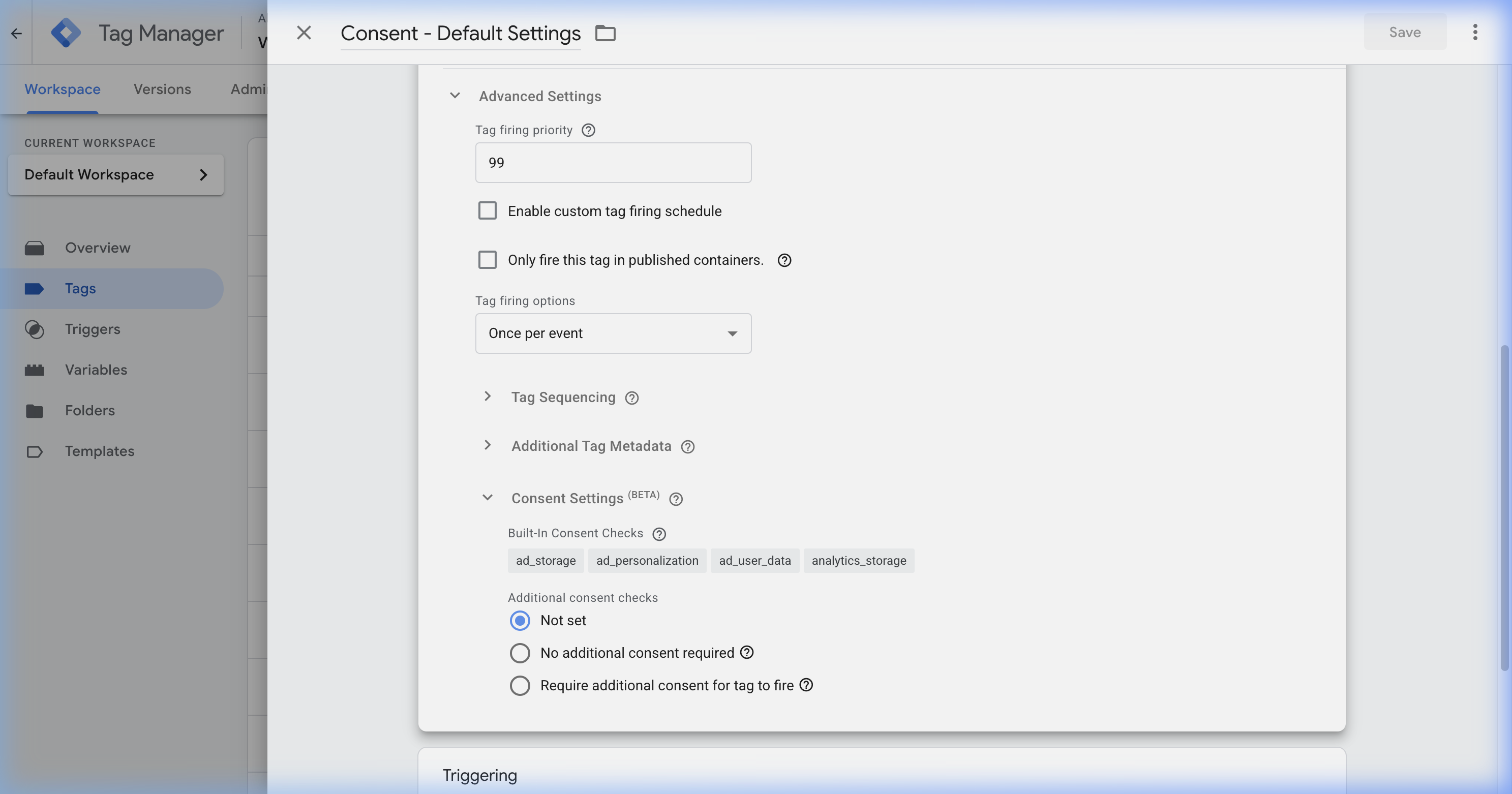 GTM Consent Default Settings showing ad_storage and analytics_storage configuration with denied defaults