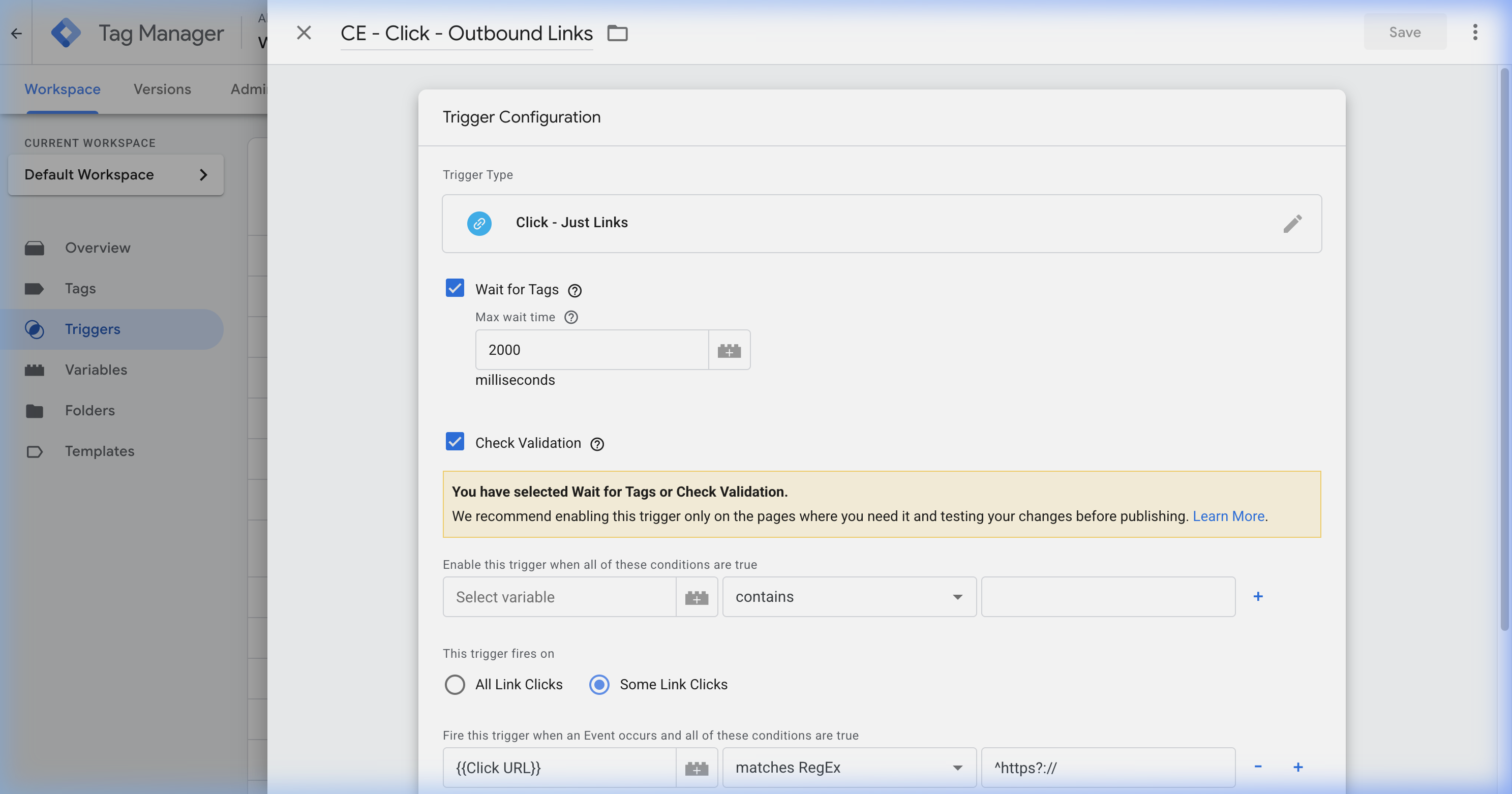 GTM workspace overview showing container settings and tags list for cross-domain configuration