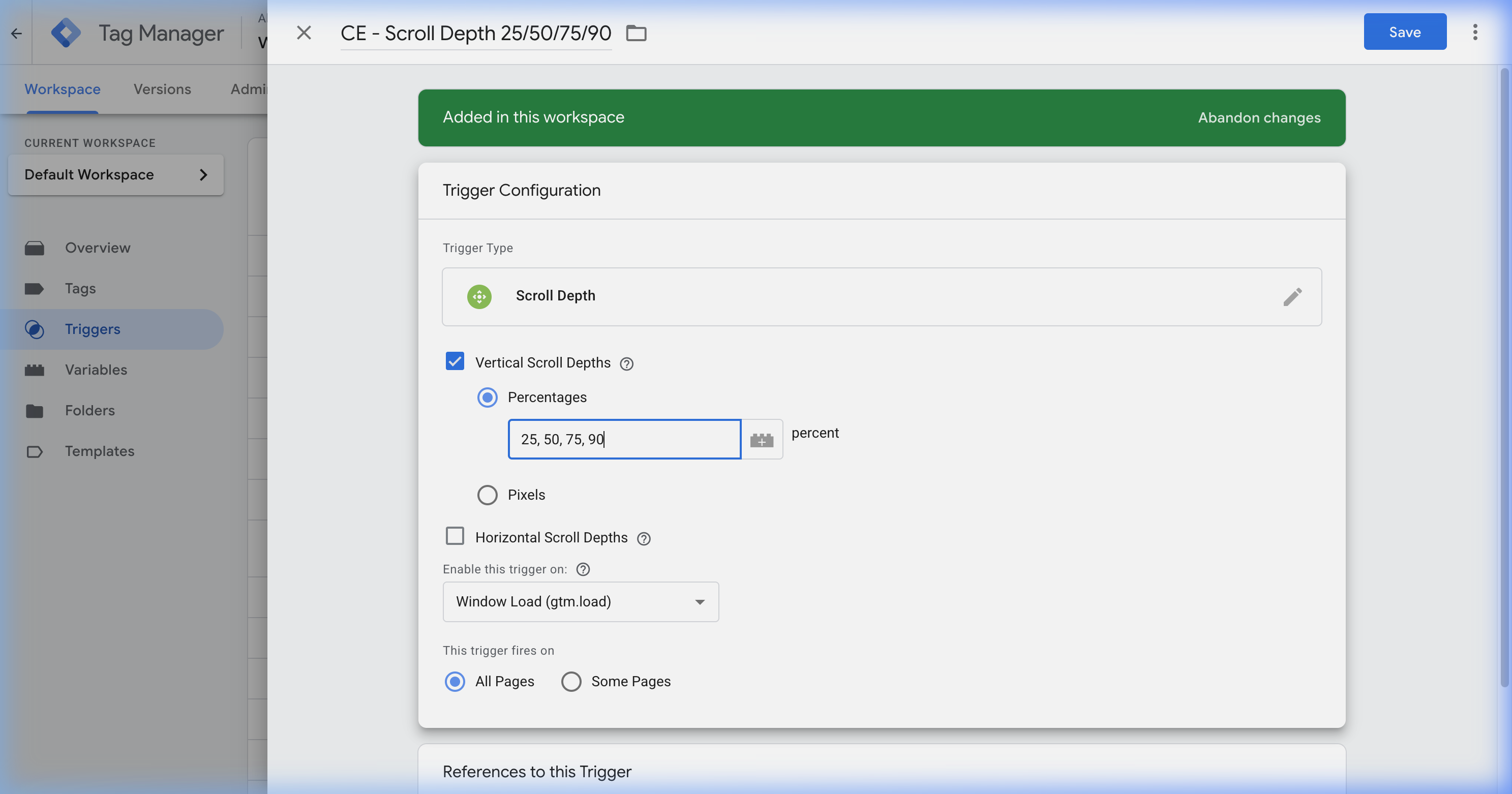 GTM Scroll Depth trigger configuration showing custom thresholds at 25%, 50%, 75%, and 90%