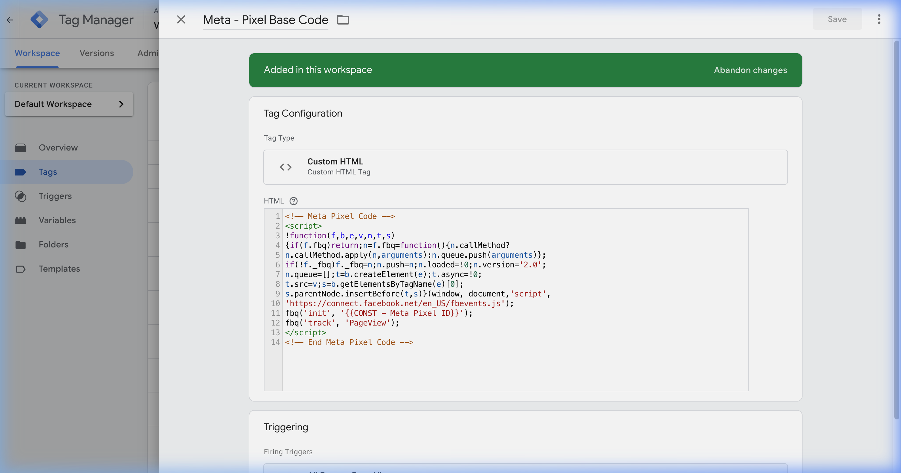 Custom HTML tag for Facebook Pixel in GTM showing the Meta Pixel base code implementation