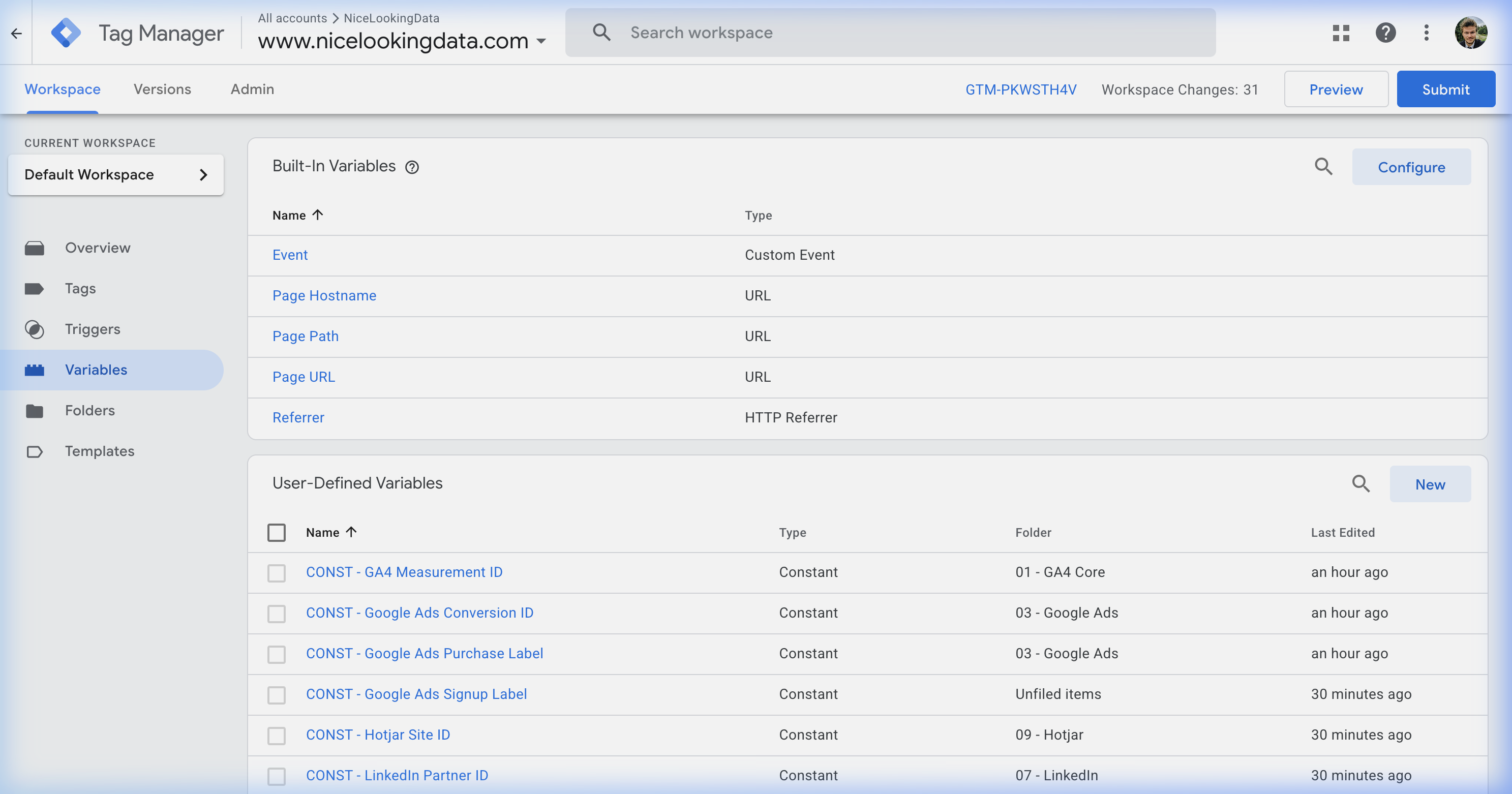 GTM Variables list showing user-defined variables like GA4 Measurement ID, page referrer, and other data layer variables
