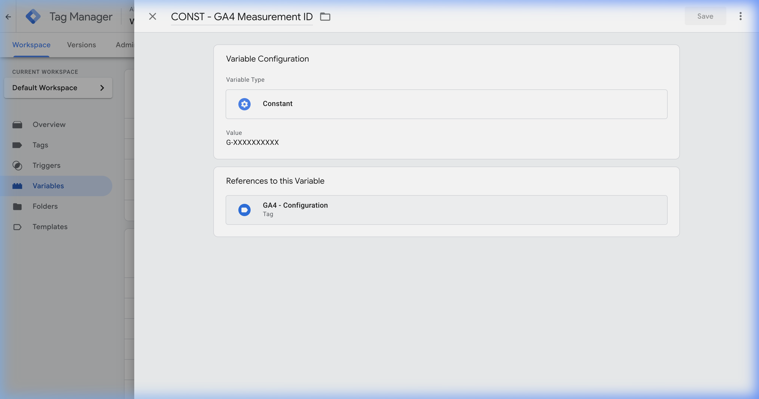 GTM Constant variable configuration for GA4 Measurement ID showing variable type and references