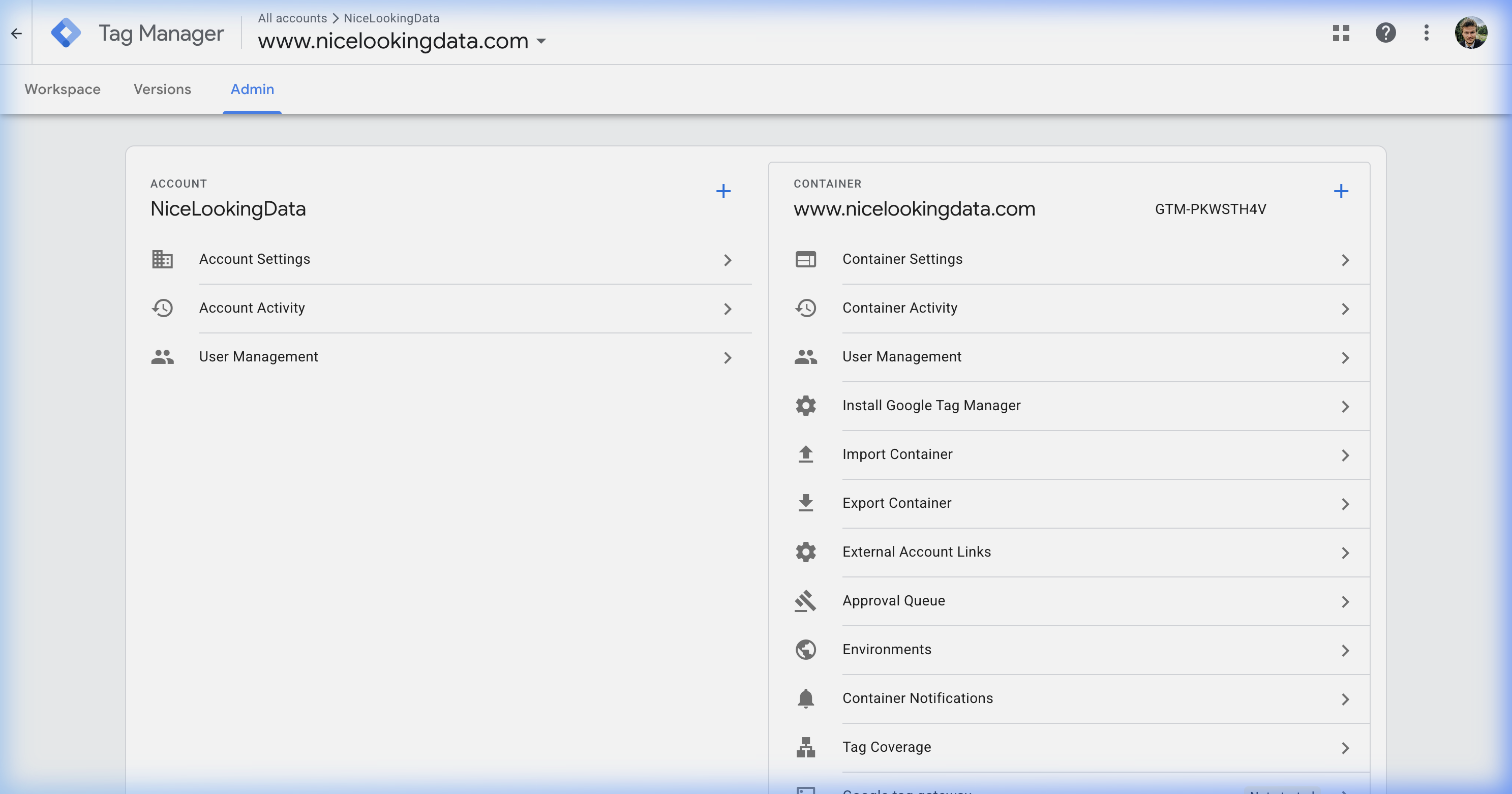 GTM Admin settings page showing Account and Container configuration options for data management