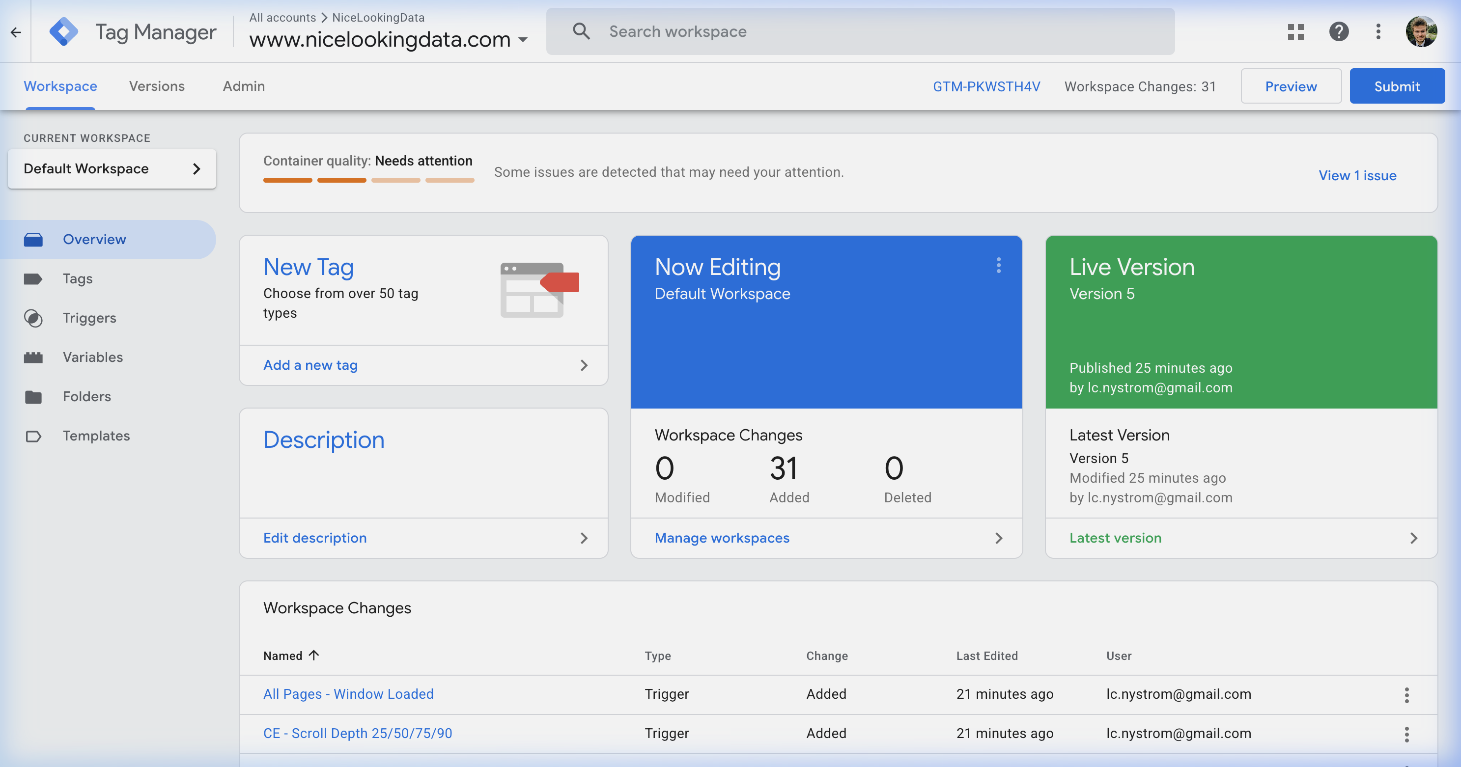 GTM Workspace Overview showing tag summary, recent changes, and the Preview debug mode button