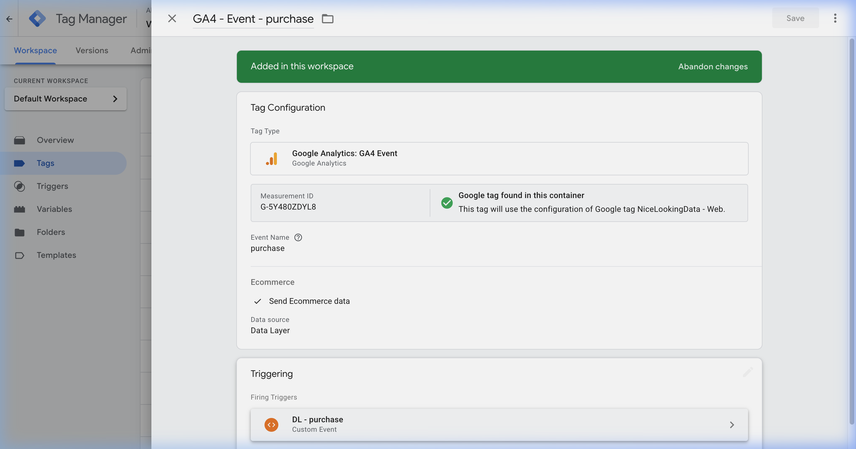 GA4 purchase event tag configuration in GTM with ecommerce data layer settings enabled