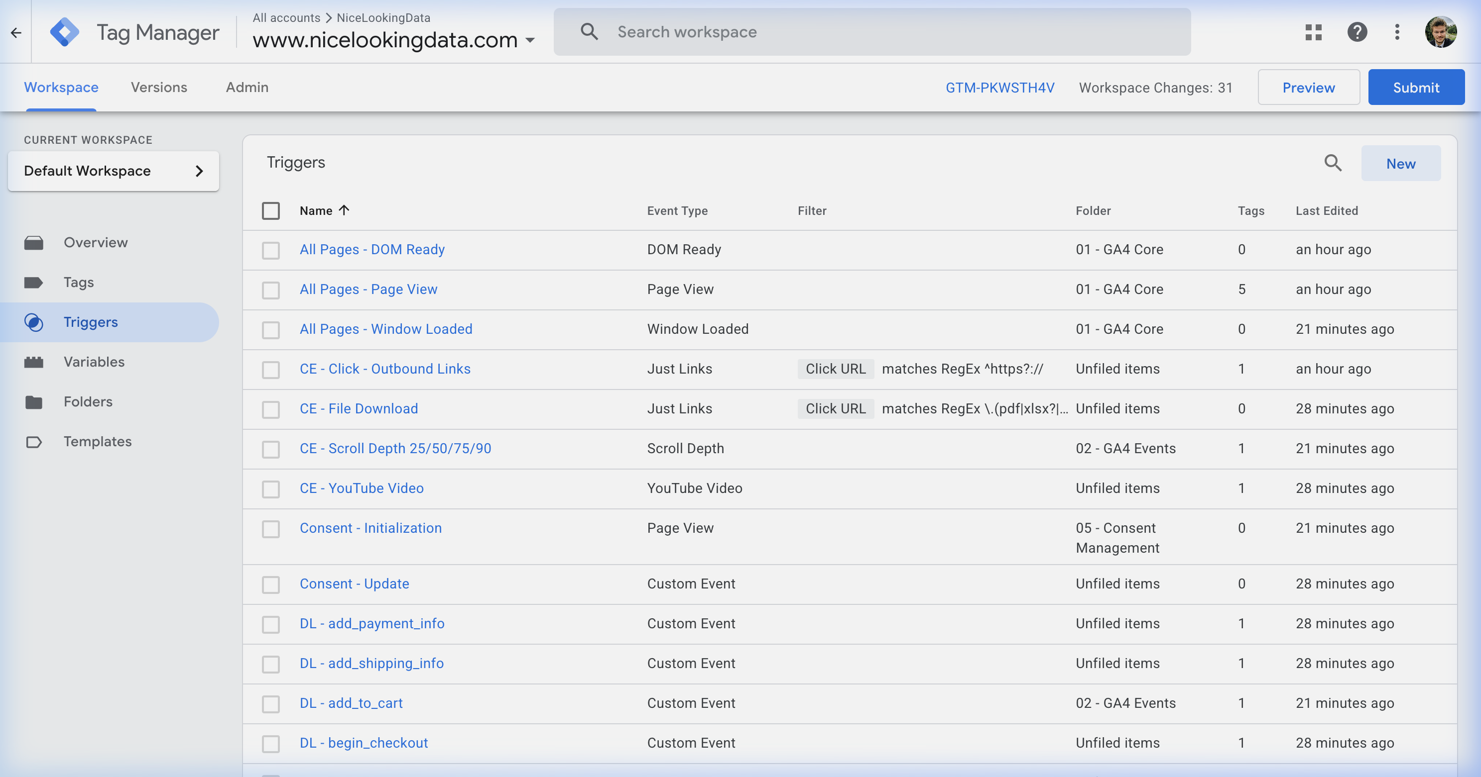GTM triggers list showing custom event triggers, page view triggers, and click triggers used for tracking