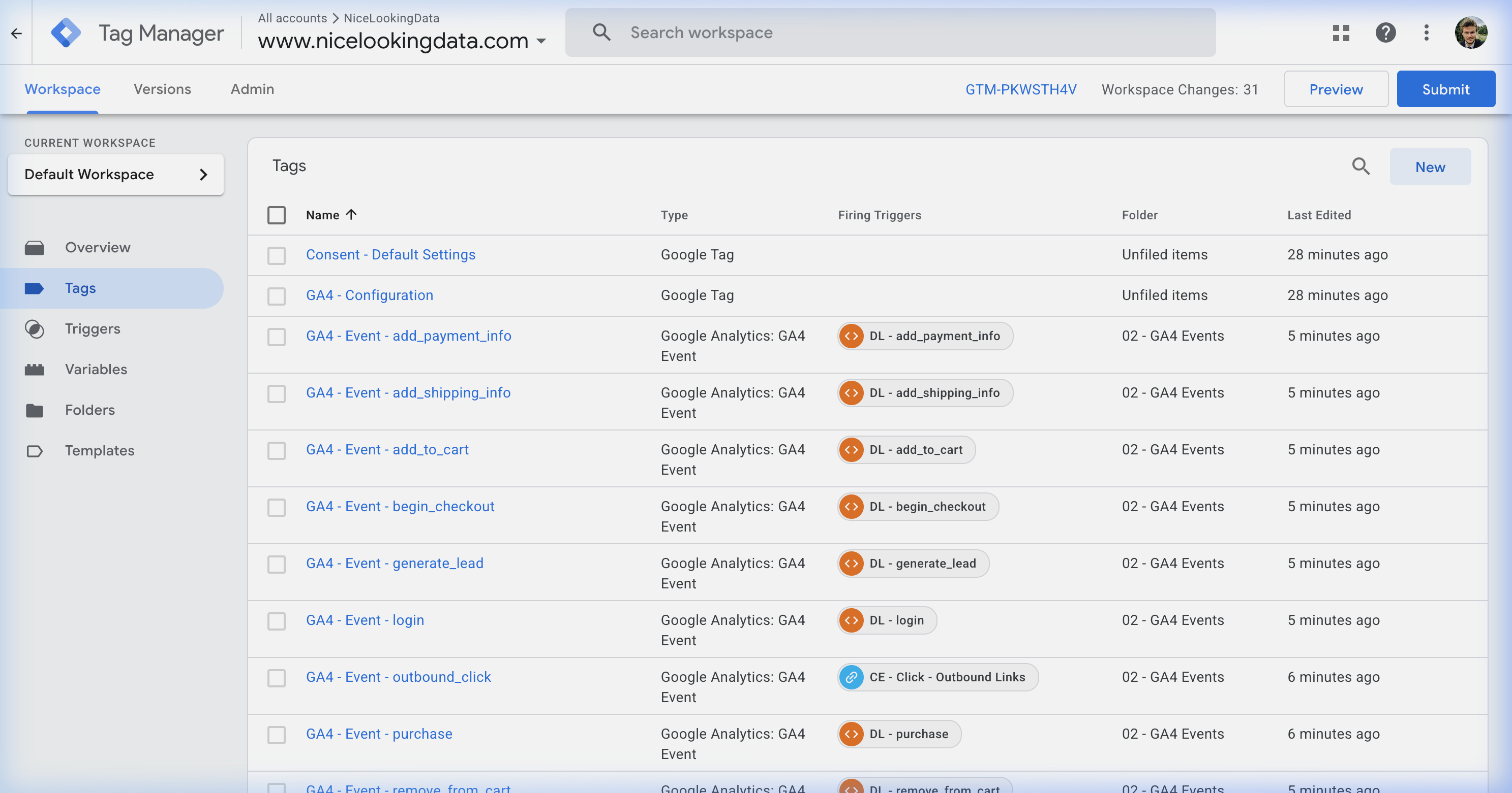 GTM container showing well-organized tags with consistent naming convention: Platform - Type - Detail
