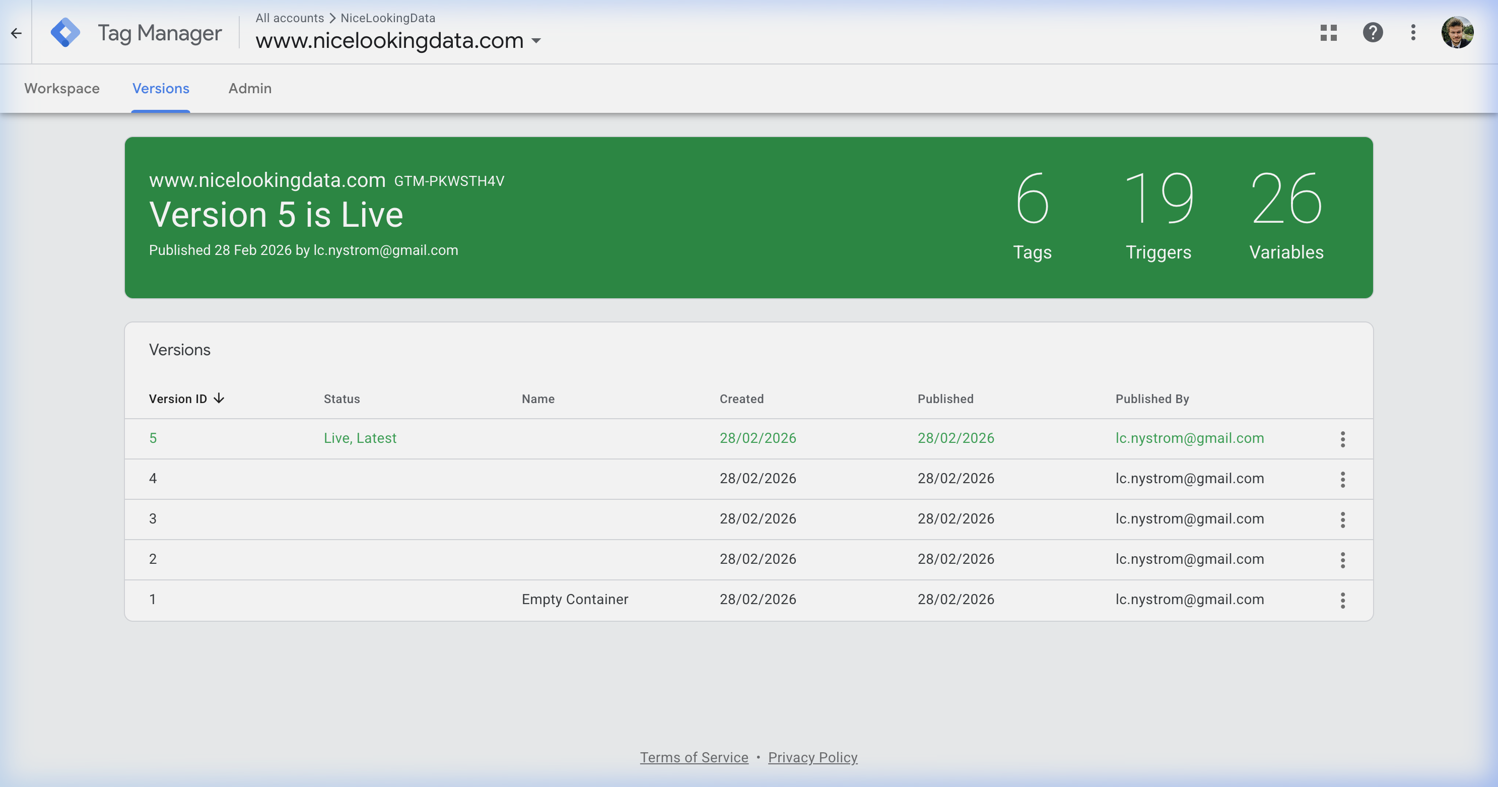 GTM Version History showing published container versions with dates, status, and tag/trigger/variable counts